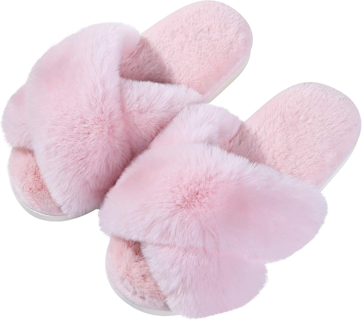 Women'S Fuzzy Slippers Cross Band Memory Foam House Slippers Open Toe