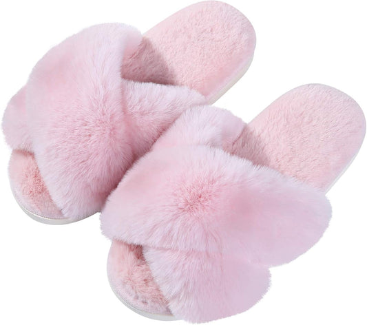 Women'S Fuzzy Slippers Cross Band Memory Foam House Slippers Open Toe