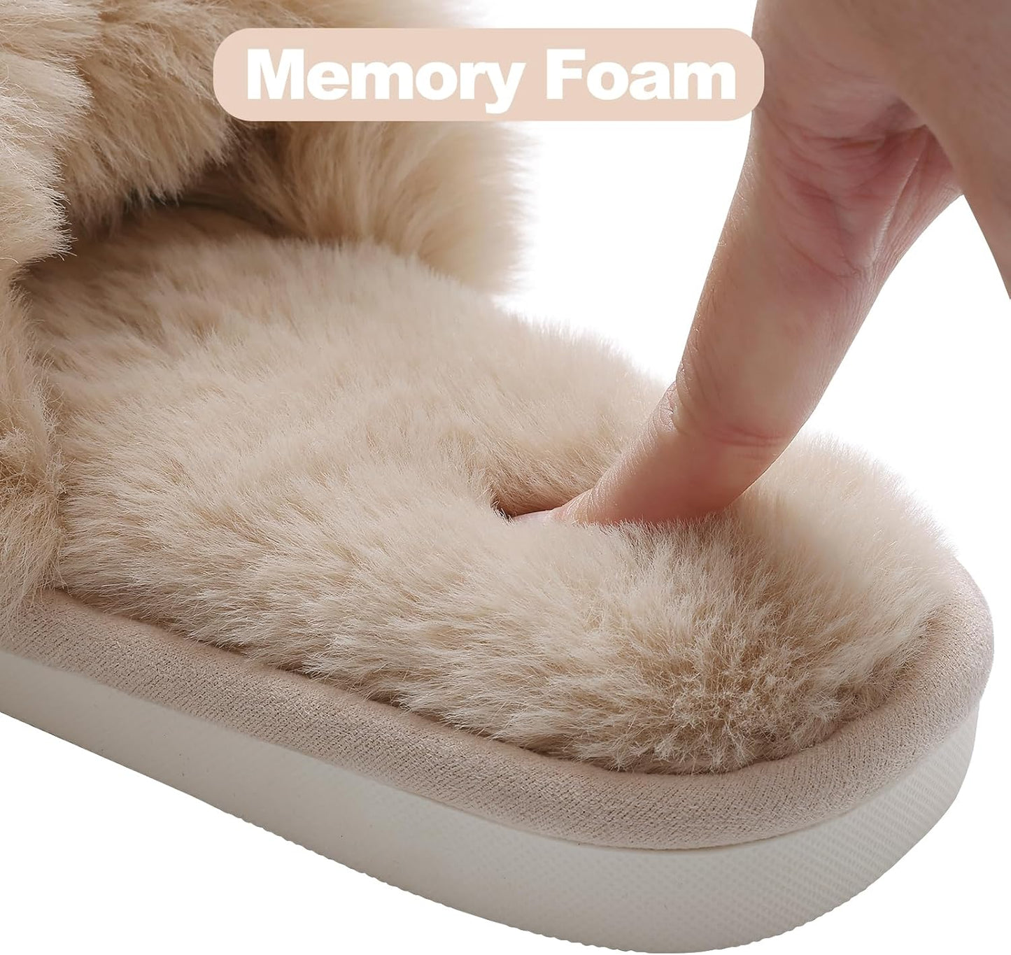 Women'S Fuzzy Slippers Cross Band Memory Foam House Slippers Open Toe