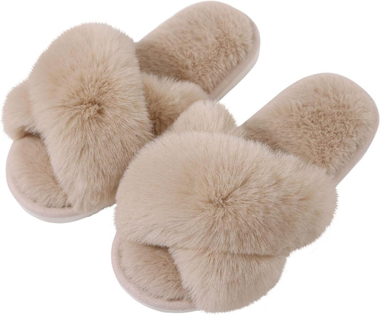 Women'S Fuzzy Slippers Cross Band Memory Foam House Slippers Open Toe