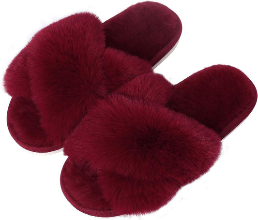 Women'S Fuzzy Slippers Cross Band Memory Foam House Slippers Open Toe