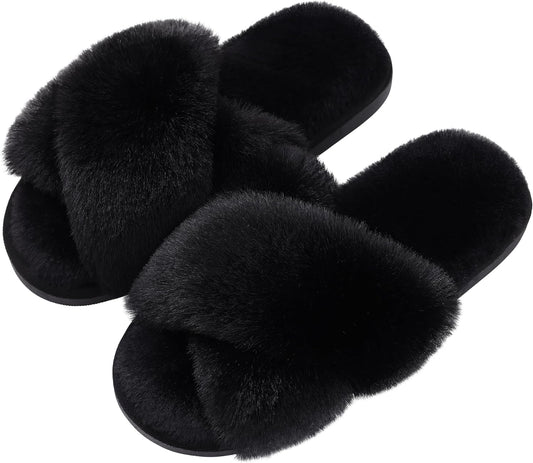 Women'S Fuzzy Slippers Cross Band Memory Foam House Slippers Open Toe