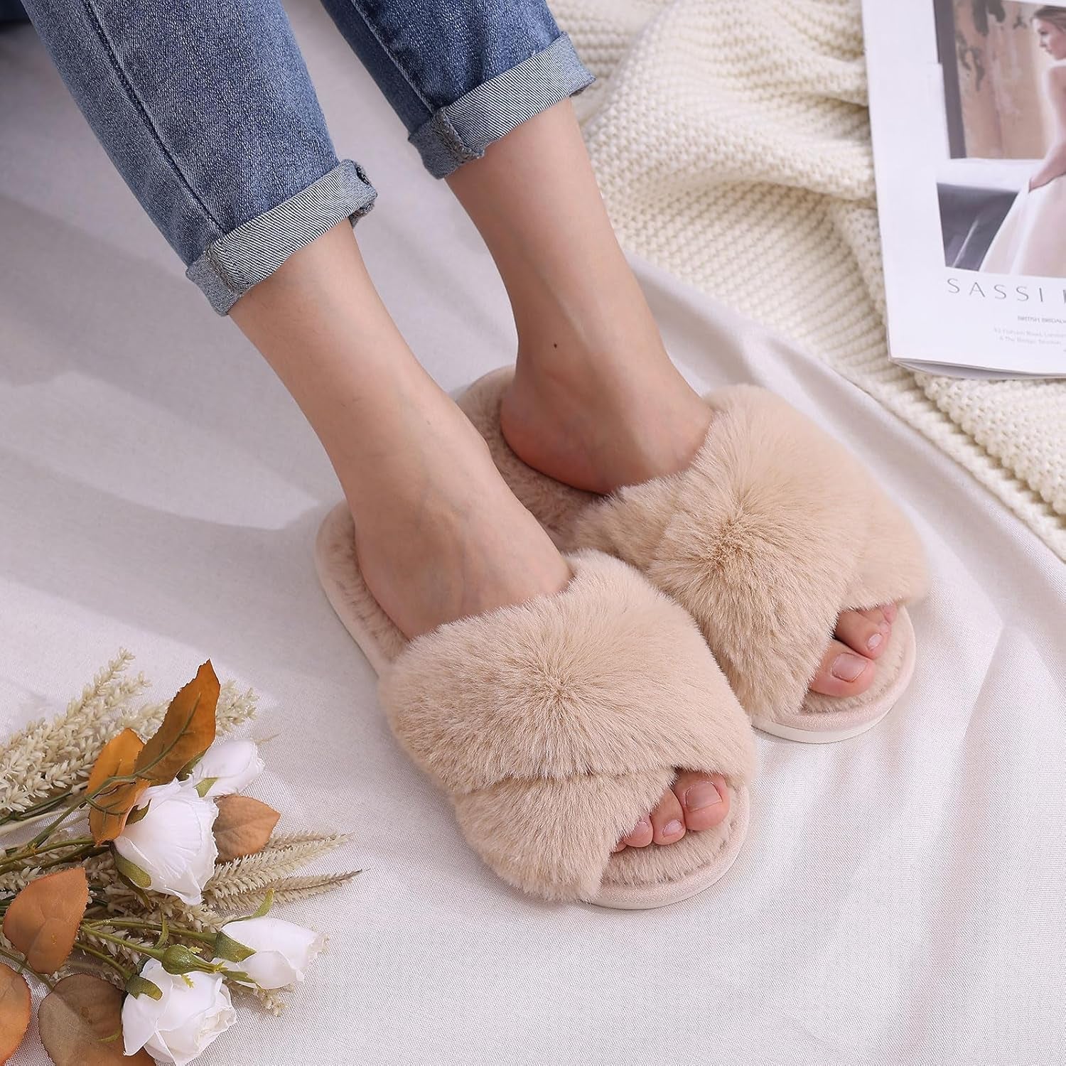 Women'S Fuzzy Slippers Cross Band Memory Foam House Slippers Open Toe